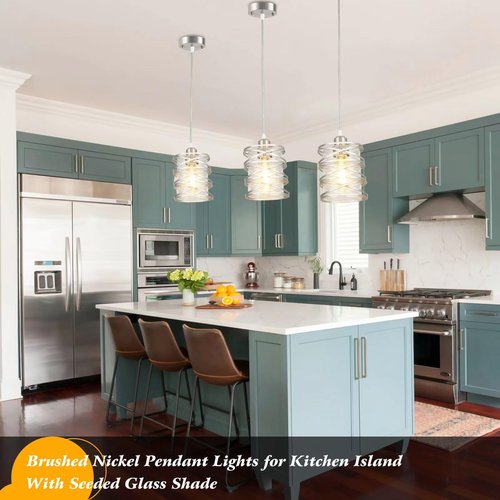 foucasal Brushed Nickel Pendant Light for Kitchen Island Spiral Iron Pendant Light Fixtures with Seeded Glass Shade, Adjustable Height Hanging Pendant Lighting for Dining Room Hallway Kitchen Foyer