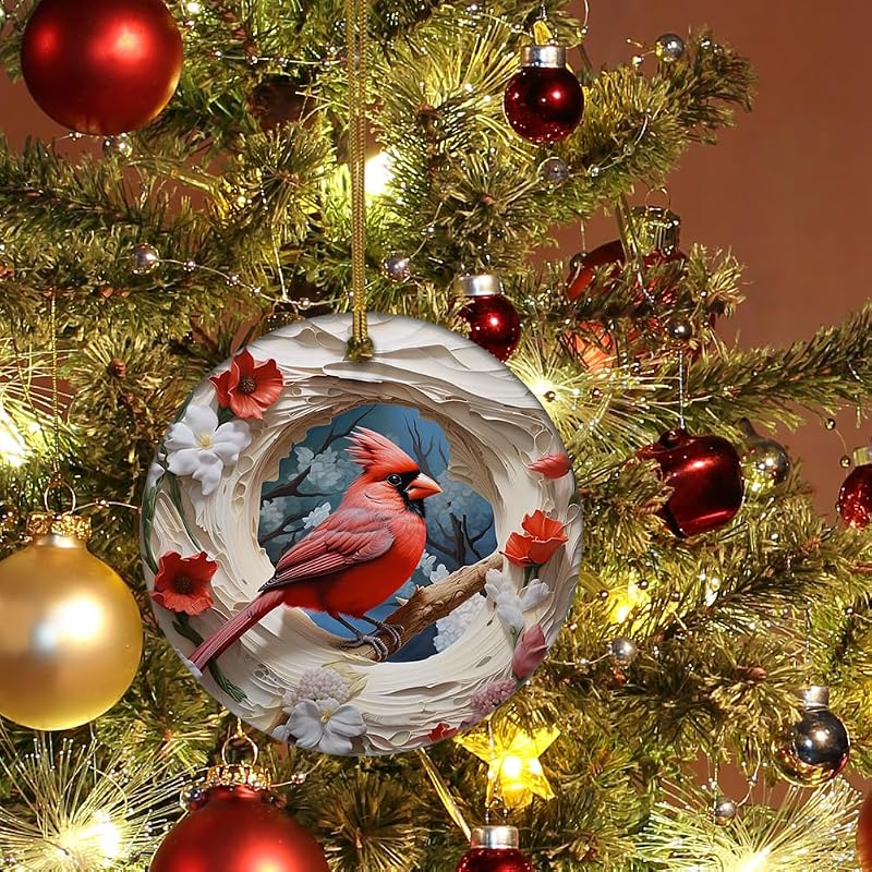 3D Red Cardinal Memorial Christmas Ornament - Ceramic Hanging Decoration - Red Variation