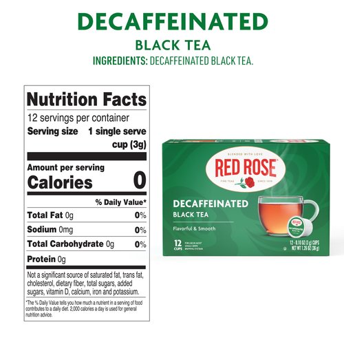 Red Rose Naturally Decaffeinated Black Tea Specially Blended Strong Black Tea with 12 Single Serve Tea K-Cups Per Brew Hot/Cold Decaf Full-bodied K-Cups Single Serve Cups