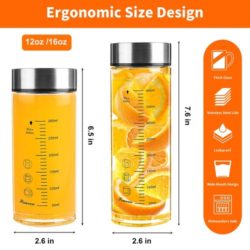 Glass Juice Bottles 4 Pack 12 oz - Wide Mouth Glass Water Bottles with Lids - for Juicing, Protein, Smoothie, Milk, Reusable, BPA Free, Stainless Steel Lids, Blender, Shaker Bottle (12oz/400ml)