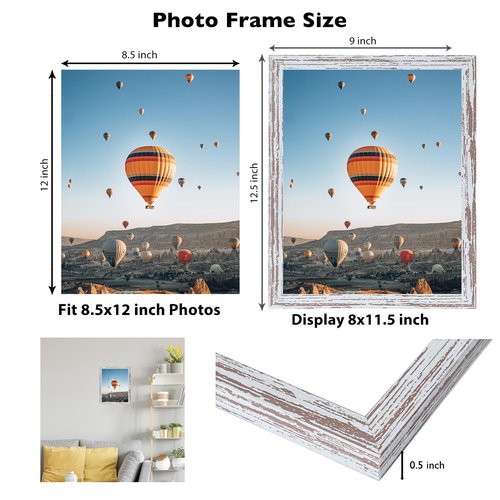 8.5x12 Picture Frame Rustic White for Wall Hanging or Tabletop, Wall Mounting Horizontally or Vertically, 8.5 x 12 Wall Gallery Poster Photo Frame with Shatter Resistant Plexiglass, Rustic White