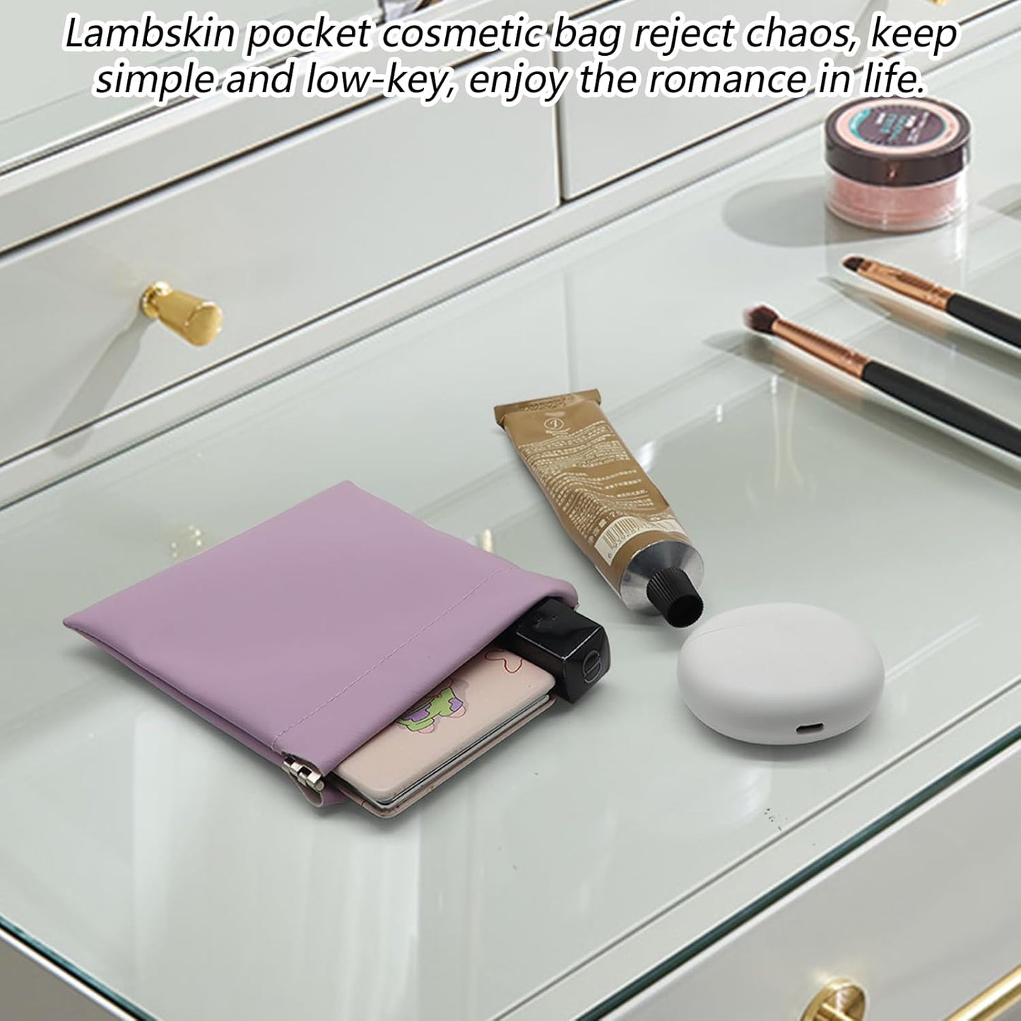 Personalized Snap Closure Leather Organizer Pouch 4 PCS Small Makeup Bag for Purse Mini Portable Cosmetic Bags for Women Lambskin Pocket Cosmetic Bag