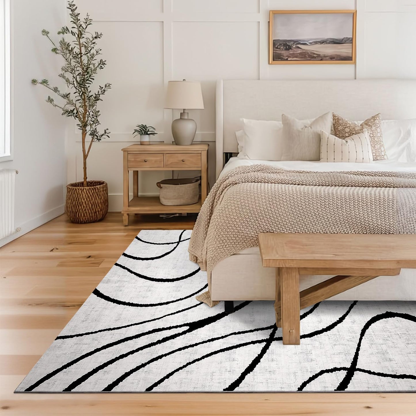 YIHOUSE Modern Area Rugs for Bedroom,5x7 Washable Black and White Rug, Thin Abstract Geometric Minimalist Striped Rug, Black Rugs for Bedroom,Kitchen,Dining Room Office