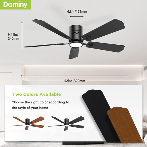 DAMINY 52 inch 5 Blades Black Ceiling Fans with Lights,Flush Mount,6CCT, Low Profile Ceiling Fan with Light and Remote Control,DC Motor,Ceiling Fan for Bedroom, Kitchen,Living Room,Indoor/Outdoor Use