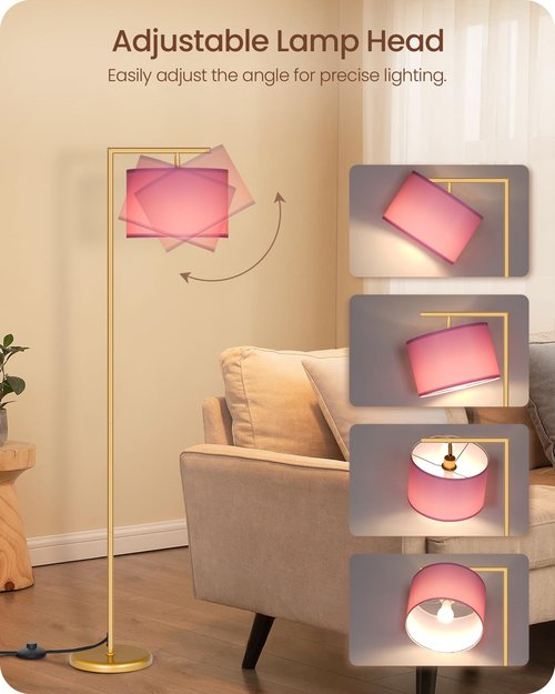 GOEBLESON Modern Gold Arc Floor Lamp, Corner Tall Lamp with Remote, Arched Reading Light with Fabric Shade, Floor Lighting for Living Room, Bedroom, Office, Study, Pink, LED Bulb Included, DP11LD05