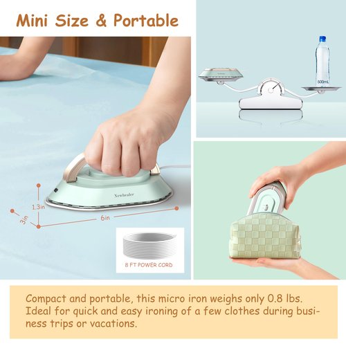 Newbealer Travel Iron with Global Voltage, 100-240V Mini Dry Iron for Clothes (No Steam), Max 300W, 60s Heat Up, 302℉ Non-Stick Ceramic Soleplate, 0.8lbs Ultra-Lightweight (Green)