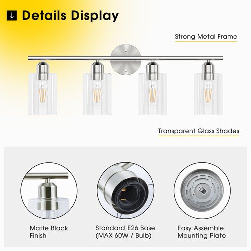 Espird Bathroom Vanity Light Fixtures Brushed Nickel,4 Lights Rustic Farmhouse Vanity Bar Lighting Over Mirror Modern Industrial Wall Sconces Lamp with Cylinder Glass Shade