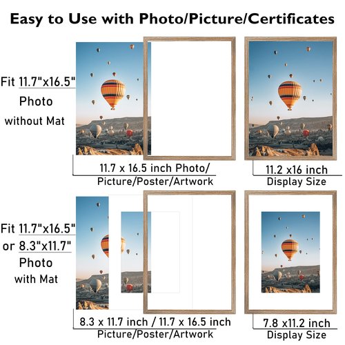 JCJMY 11.7x16.5 A3 Picture Frame Rustic Brown with 8.3x11.7 A4 Mat, Display Photo 8.3x11.7 with Mat or 11.7 x 16.5 Without Mat, Wall Hanging Large Frame with Plexiglass, Rustic Brown