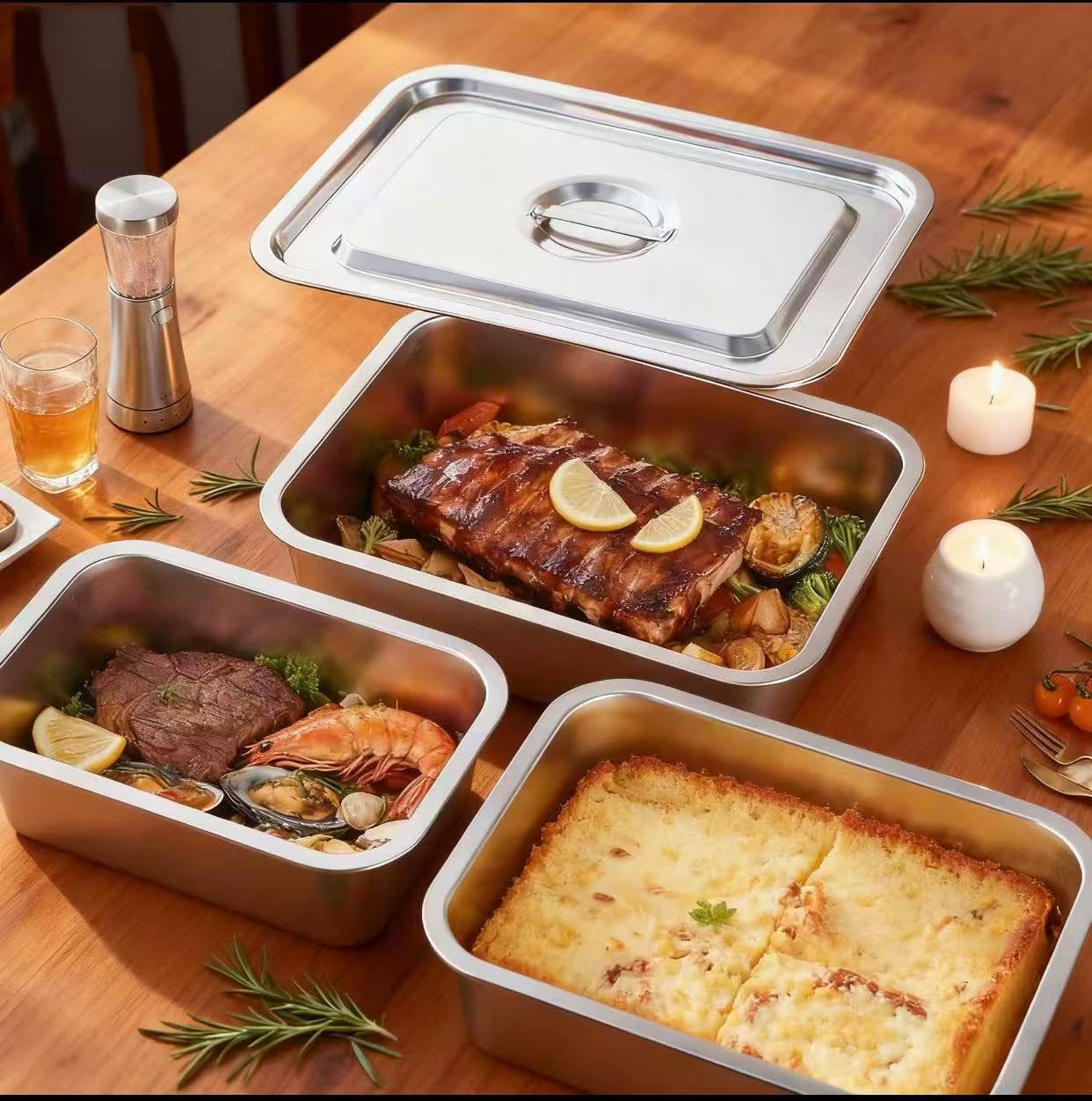 Skiennix 4-Inch Deep Lasagna Pan - 2 Pack 7.4QT Stainless Steel Baking Dish with Lid | Perfect for Roasting