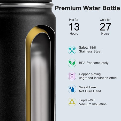 Koodee Water Bottle - 12 oz Stainless Steel Vacuum Insulated Flask with Leakproof Spout Lid | Black