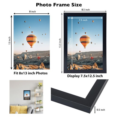 JCJMY 8x13 Picture Frame Black for Wall Hanging or Tabletop, Wall Mounting Horizontally or Vertically, 8 x 13 Wall Gallery Poster Photo Frame with Shatter Resistant Plexiglass, Black
