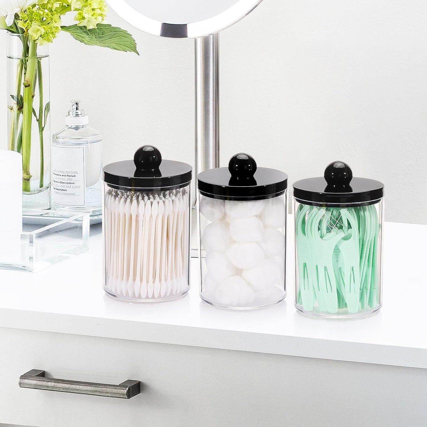 Tbestmax Cotton Swab Holder - Stylish 10oz Bathroom Organizer with Black Lid - Versatile Apothecary Jar