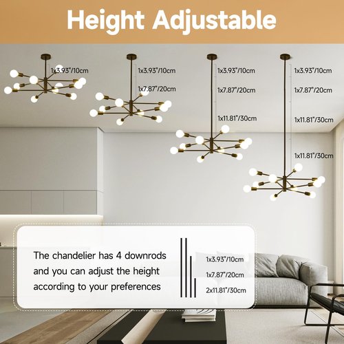 HHR Modern Sputnik Chandelier, 10-Light Black Ceiling Light Fixture, Height Adjustable Industrial Lighting for Kitchen Island,Bedroom Dining Room Living Room Farmhouse Office