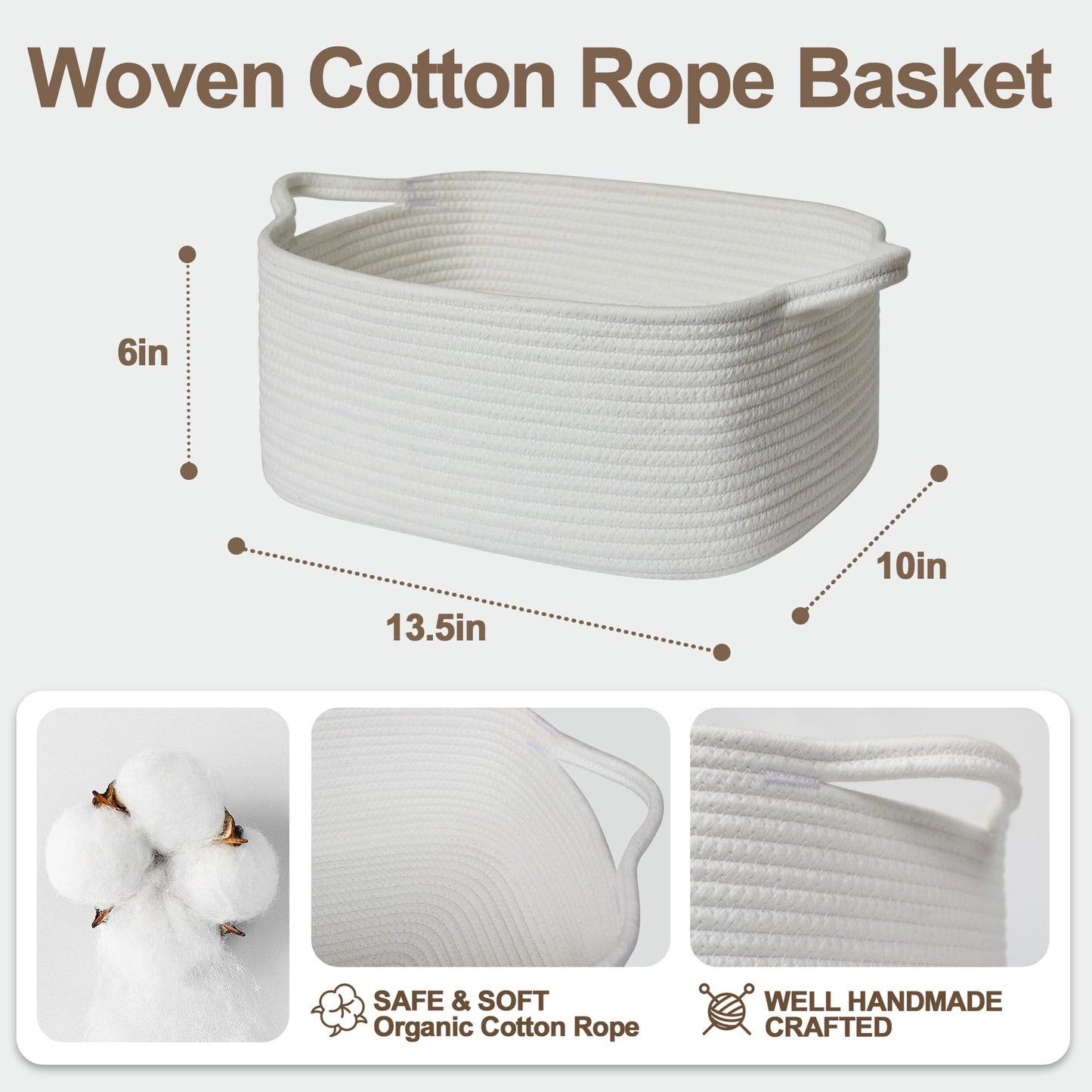 WILLITAT Cute White Woven Basket, Empty Gift Basket for Christmas, Thanksgiving, Easter, Birthday, Cotton Rope Storage Bin with Handle for Gifts, Toy, Blanket, Cat Dog Toy Box, Baby Nursery Organizer