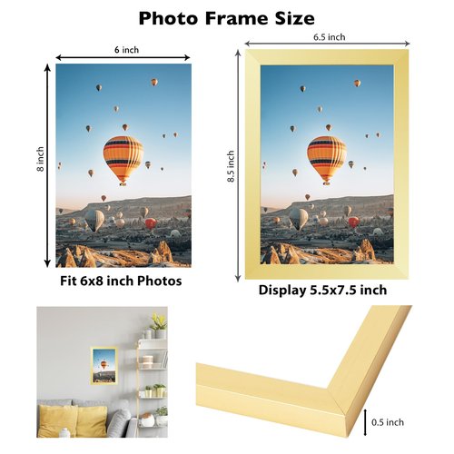 JCJMY 6x8 Picture Frame Gold for Wall Hanging or Tabletop, Wall Mounting Horizontally or Vertically, 6 x 8 Wall Gallery Poster Photo Frame with Shatter Resistant Plexiglass, Gold