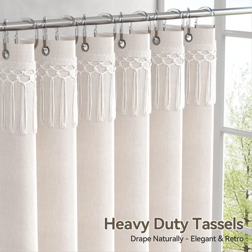 AmazerBath Boho Farmhouse Shower Curtain Beige with Top Tassels, Faux Linen Fabric Neutral Shower Curtain Set with Hooks, Water Repellent, 72x72 Inches