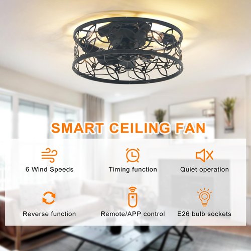 Garwarm 18in Caged Ceiling Fan with Light,Rustic Farmhouse Ceiling Fans with Lights and Remote,Bladeless Black Fandelier Ceiling Fan,Small Flush Mount Ceiling Fan for Kitchen, Bedroom(6 Speed, Timing)