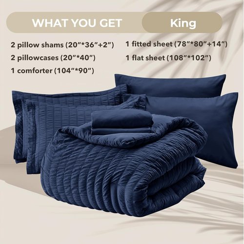 HYMOKEGE King Size Comforter Set - Navy Blue Seersucker 7-Piece Luxury Bedding Set | All-Season Comfort