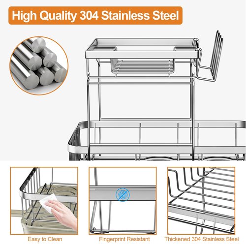 arshray Dish Drying Rack Kitchen 2-Tier 304 Stainless Steel Dish Racks for Kitchen Counter,Dish Strainer with 360°Draining Tray,Drying Rack with Water Cup Hook & Cutlery Holder,Grey