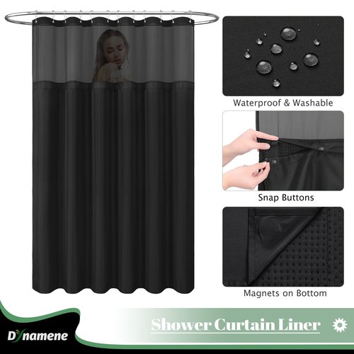 Dynamene Fabric Shower Curtain with Snap in Liner, Black Waffle Hotel Shower Curtains for Bathroom, Washable Waterproof Cloth Shower Curtain Liner Set with Plastic Hooks, Mesh Top Window, 72x72