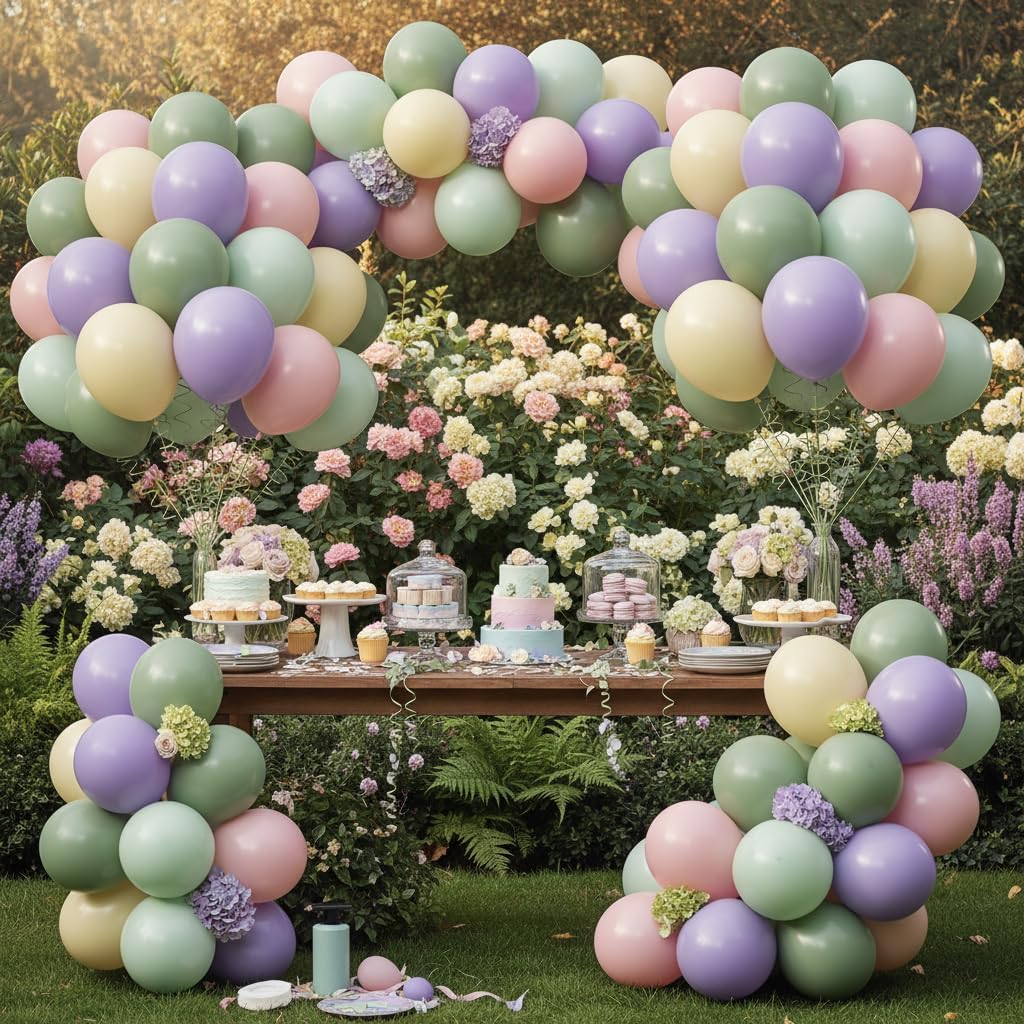Skiennix 60Pcs Pastel Balloons - 12 Inch Purple, Green, Pink & Yellow for Baby Showers & Parties