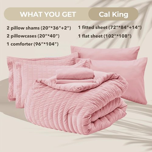 HYMOKEGE California King Comforter Set - 7-Piece Luxury Bedding in Pink Seersucker for All Seasons