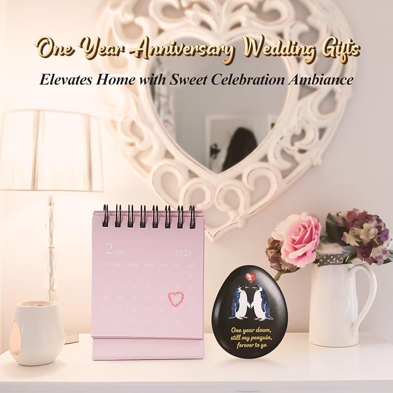 First Anniversary Penguin Pebble Keepsake Gift for Men and Women - 1st Year Anniversary Card Included - Jubilora
