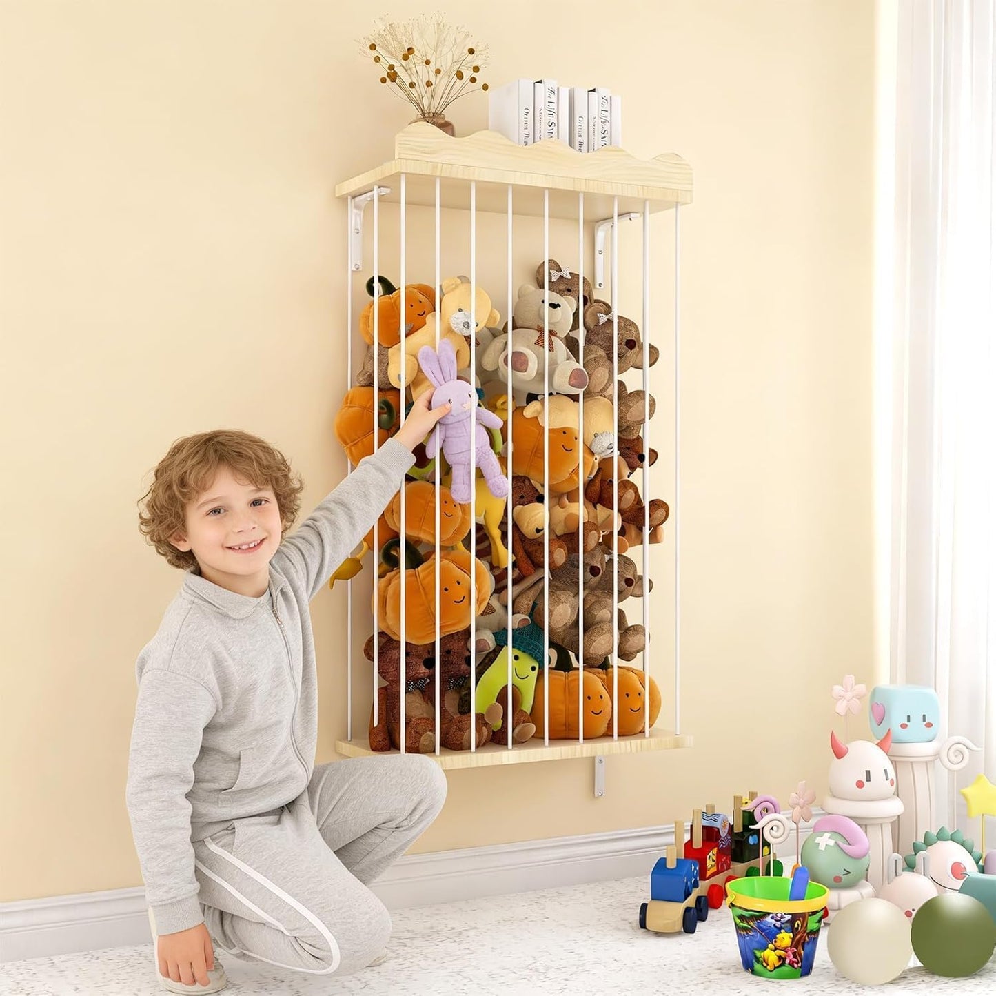 Skiennix Adjustable Stuffed Animal Storage - Large Wooden Plush Toy Organizer for Kids' Room | Patented Design