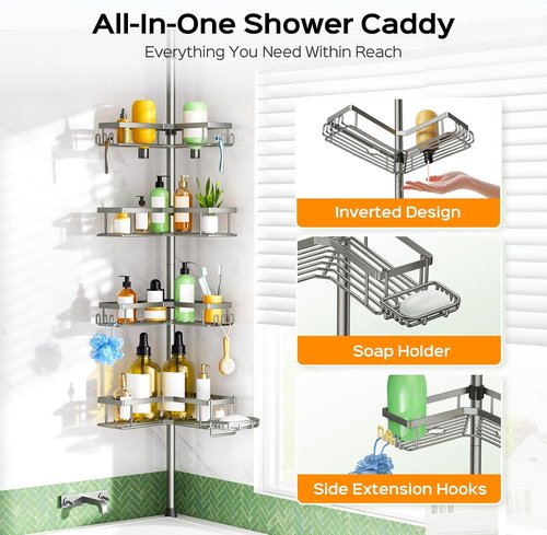 HAMITOR Shower Caddy Tension Pole - 4-Tier Rustproof Bathroom Organizer with Soap Holder | Adjustable 47-123 Inch for Small Spaces
