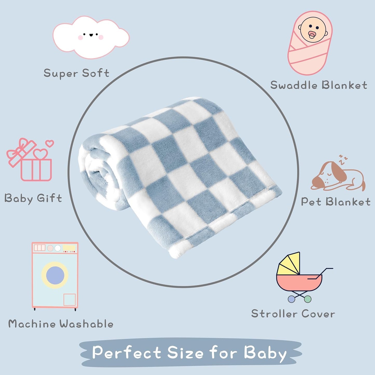 Yurhap Checkered Baby Blanket - Ultra Soft Fleece for Boys | Cozy 30''x40'' Crib & Stroller Blanket in Blue