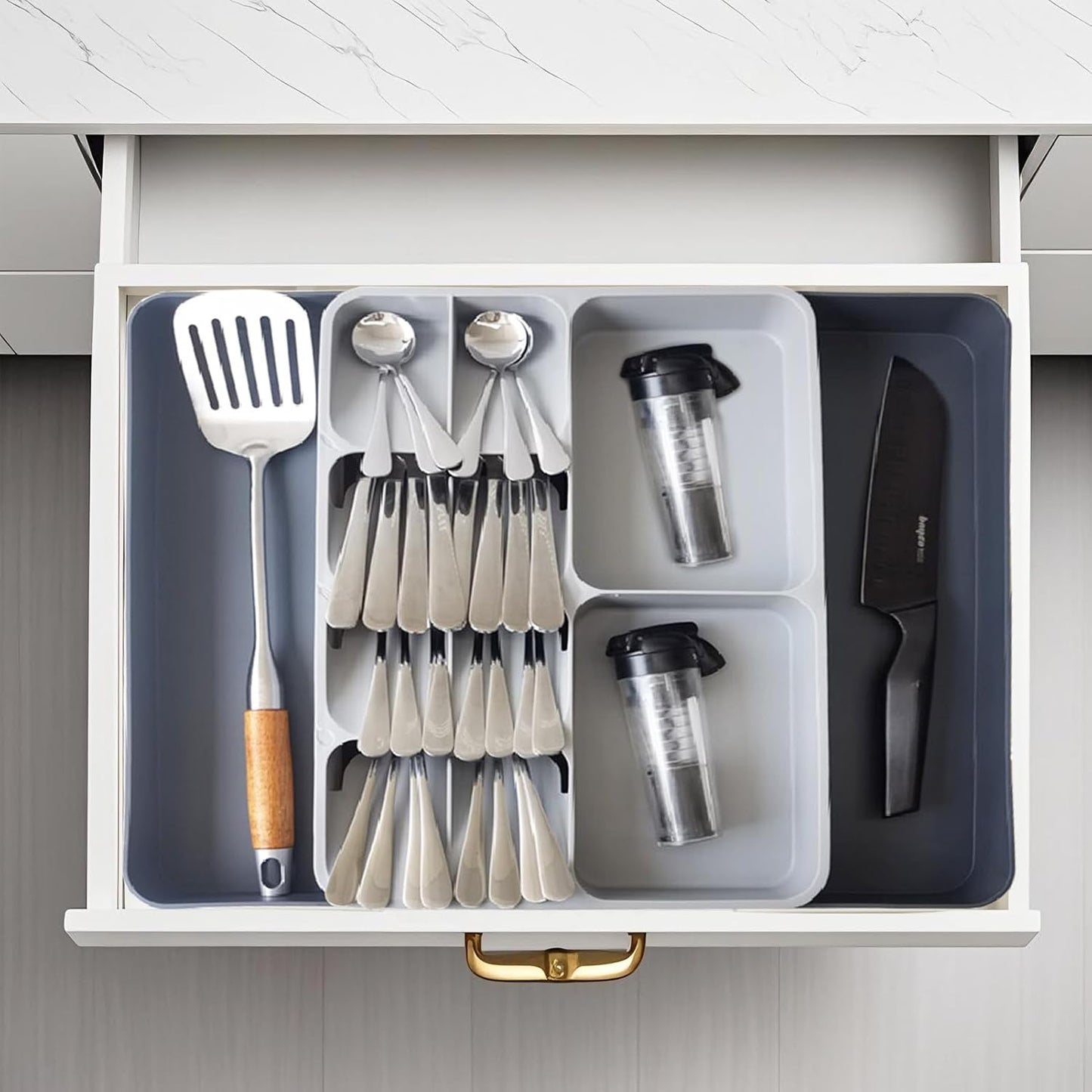 Skiennix Expandable Silverware Organizer - Adjustable Cutlery Drawer Tray for Home & Kitchen | Large Grey