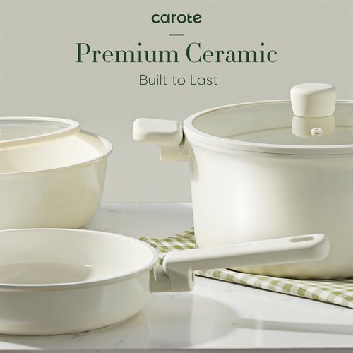 CAROTE 18Pcs Nonstick Ceramic Cookware Set, PFAS/PFOA Free, Cream White Pots and Pans Set Non Stick, Non-toxic Cookware,Kitchen Cooking Pan Set, Large Capacity