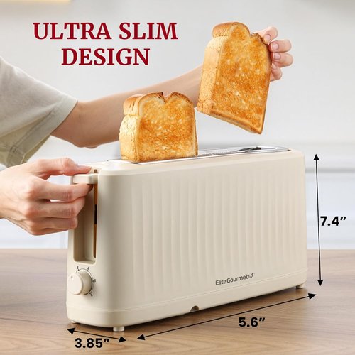 Elite Gourmet SLIMTOAST™ 2-Slice Long Slot Toaster - Cool-Touch Body & 6 Toast Settings | Extra Wide 1.5” Slot in Cremello