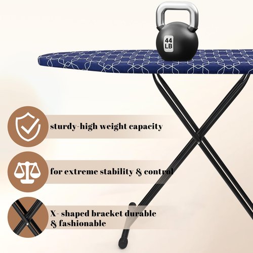 Deegureet Classic Ironing Board, Compact and Space Saver,Size 43 x 13 Ironing Board, Extra Wide Ironing Area with Extra Thick Heavy Duty Padded, Stable Structure,Easy to Fold Blue Geometry