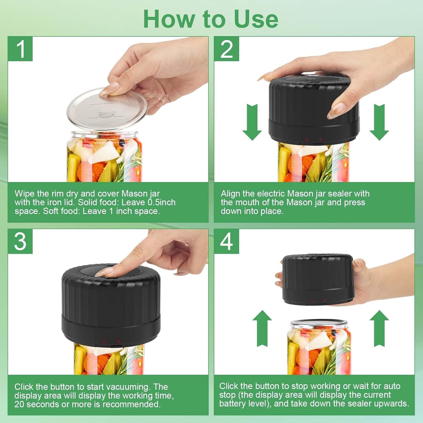 VP06+ Mason Jar Vacuum Sealer - Electric Handheld Food Storage Sealer for Wide & Regular Mouth Jars | Black
