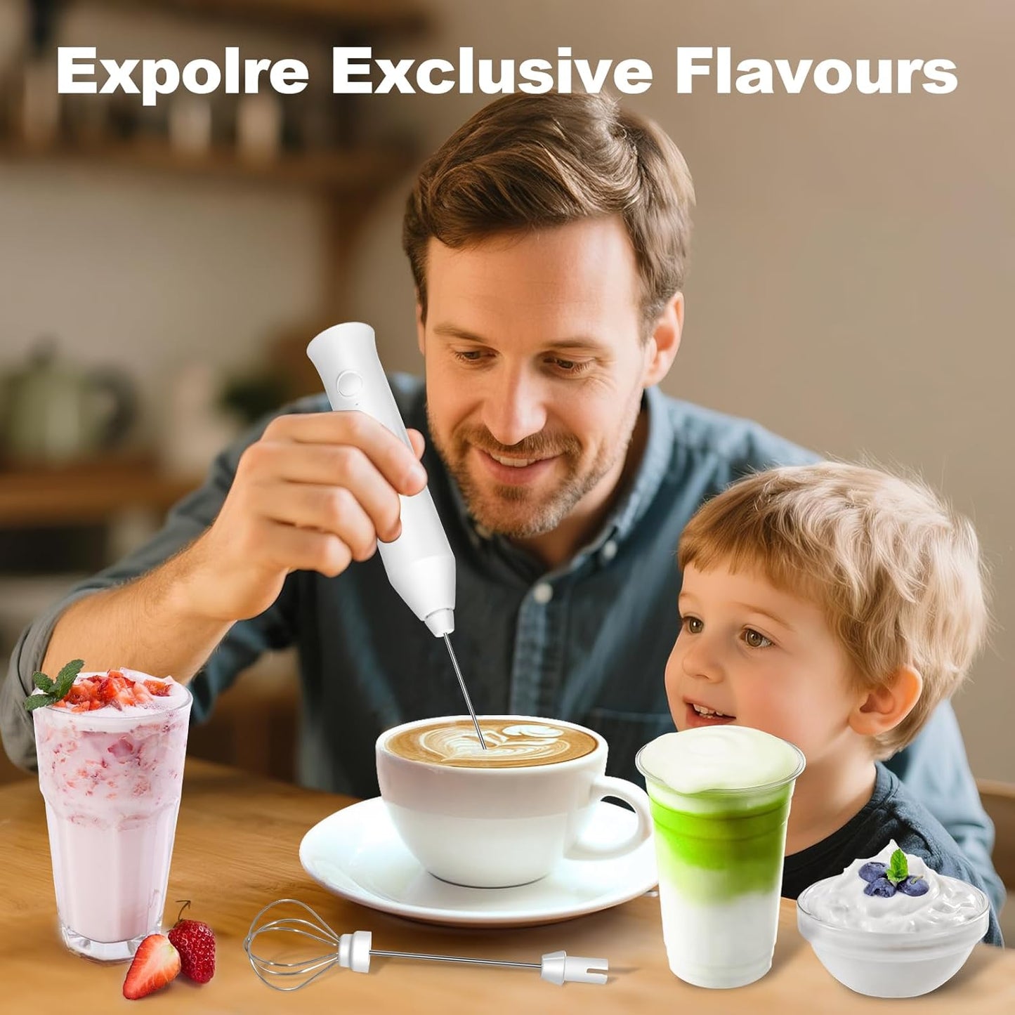 Skiennix Rechargeable Milk Frother - Handheld Electric Whisk with 2 Stainless Steel Whisks & 3 Speeds | Perfect for Coffee, Latte, Cappuccino, Matcha, Protein Shakes - White