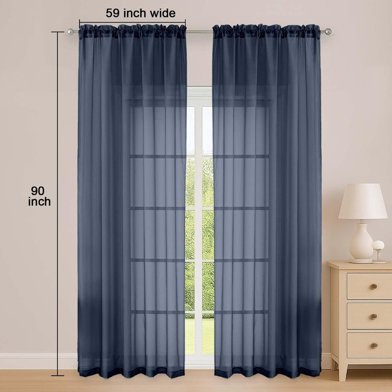 OWENIE Navy Blue Sheer Curtain 90 Inches Long 2 Panels Set, Solid Filmy Drapes for Living Room Bedroom, Elegant Window Voile Sheer Curtain Panels Drapes, 2 Pcs, Each 59" Wx90 L Inch