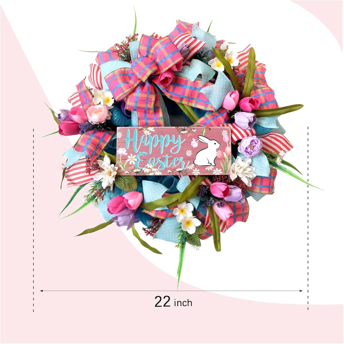 Spring Easter Bunny Wreath - 22 Inch Floral Design with Pink Tulips for Front Door Decor