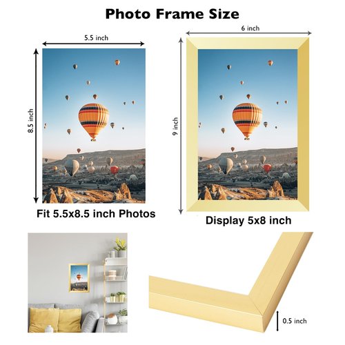 JCJMY 5.5x8.5 Picture Frame Gold for Wall Hanging or Tabletop, Wall Mounting Horizontally or Vertically, 5.5 x 8.5 Wall Gallery Poster Photo Frame with Shatter Resistant Plexiglass, Gold