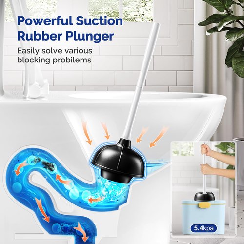 HAMITOR Toilet Plunger Bowl Brush Combo:Heavy Duty Rubber for Drain Clog Remover - Curved Design Bristles for Deep Cleaning Under Rim - Compact Bathroom Cleaning Tools for New Homet Essentials - White