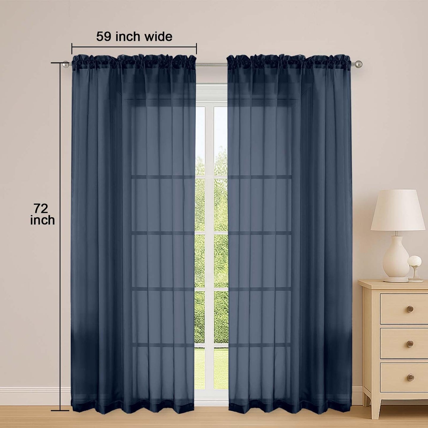OWENIE Navy Blue Sheer Curtains 72 Inches Long 2 Panels Set, Transparent Voile Sheer Curtain for Living Room Bedroom Window Sliding Glass Door Treatment, 59 x 72 Inch, Navy Blue