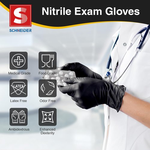 Schneider Nitrile Exam Gloves, Black Latex Free Powder Free Disposable Gloves for Medical, Cooking, Cleaning, and Food Prep (Medium, 200)