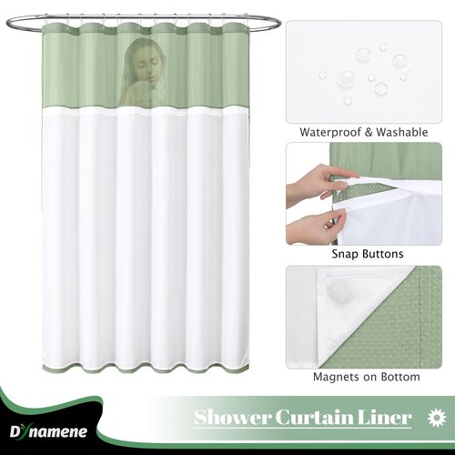 Dynamene 78 Inch Long Shower Curtain, Tall Waffle Fabric Shower Curtains for Bathroom, Hotel Waterproof Cloth Shower Curtain Liner Set with Hooks, Snap in Liner, Mesh Top Window, Sage Green, 72x78