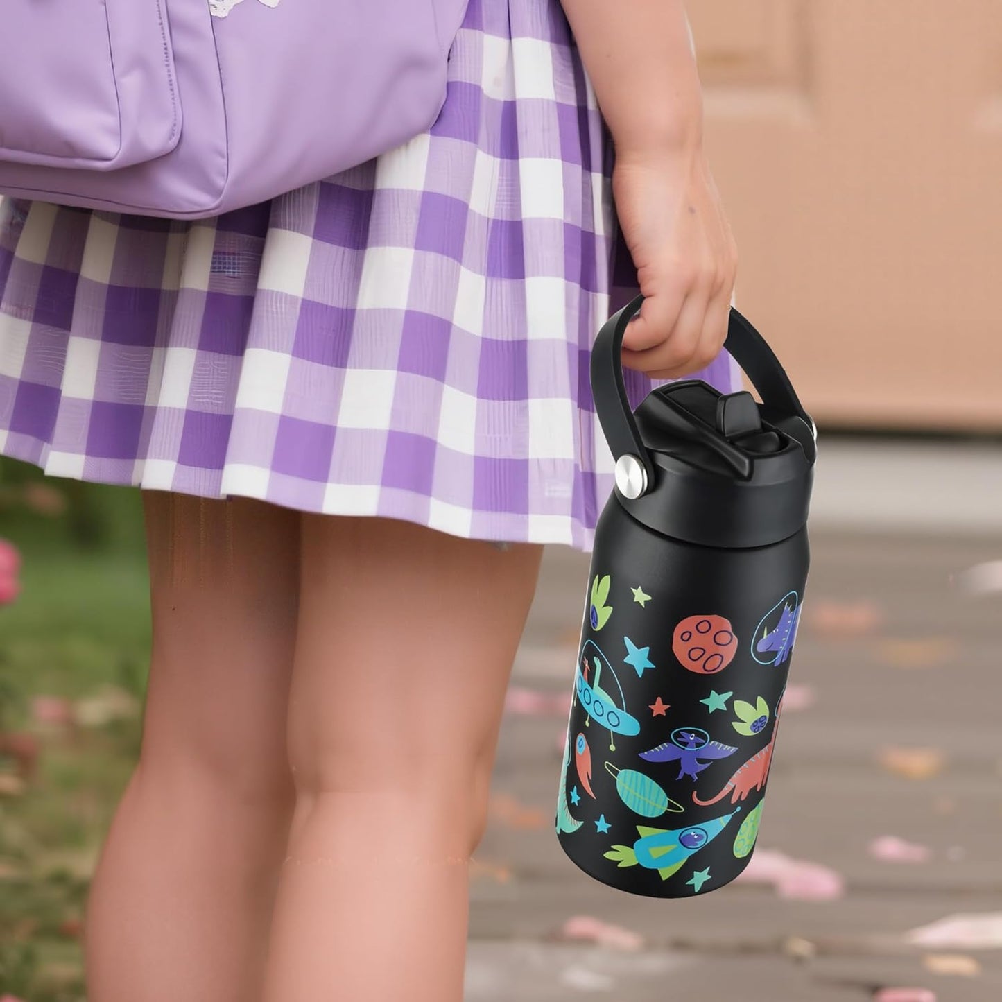 OLDLEY Kids Water Bottle - 18oz Insulated Stainless Steel | Leakproof, Non-Spill Design, Space Dinosaur