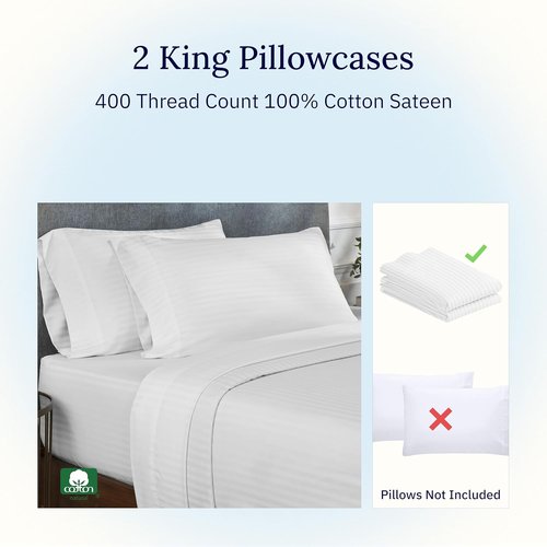 California Design Den King Size Pillowcase Set - 400 Thread Count 100% Cotton Sateen - Soft Striped Bright White, Set of 2