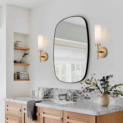 Gold Bathroom Wall Sconces Set of 2, Modern Sconces Wall Lighting Vanity Light Fixtures with Opal White Glass Shade, Brushed Brass Wall Lights for Mirror Living Room Bedroom Hallway Kitchen Stairs