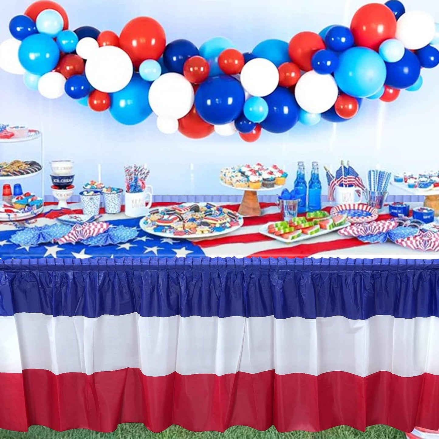 Patriotic Table Skirts by 3 Pack - Red, White & Blue Disposable Decorations | 2.4 x 14 Ft for 4th of July Celebrations