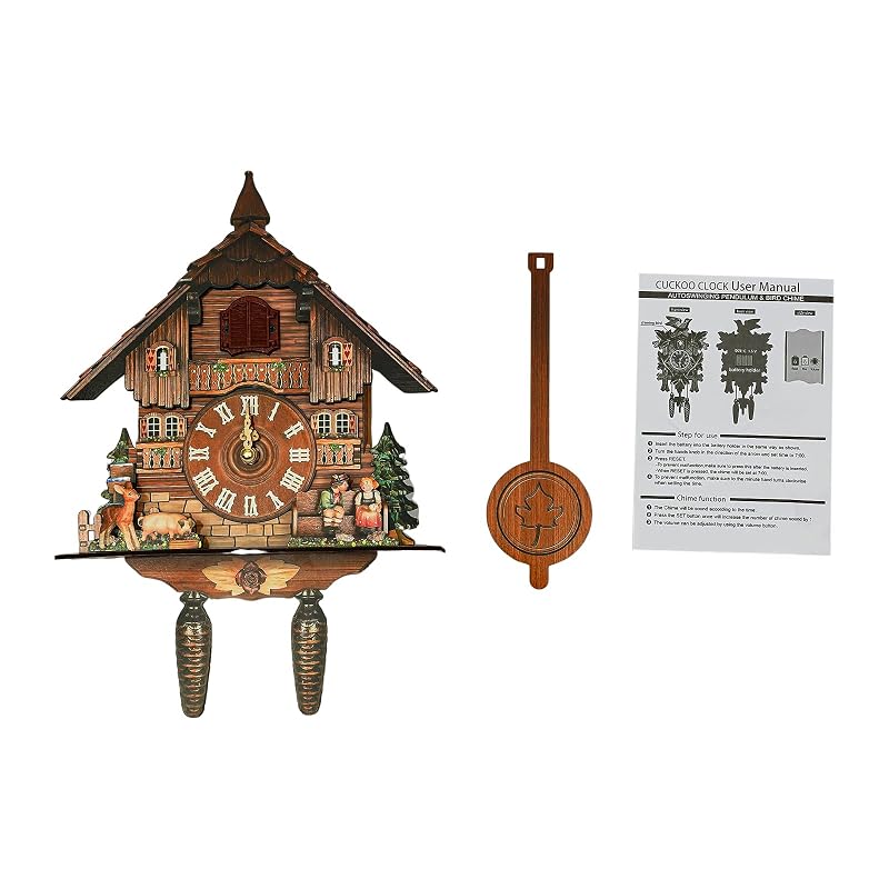 Wall Mounted Cuckoo Clock with Pendulum, Battery-Operated, Adjustable Volume