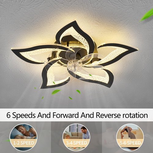 haodengshi Geometric Ceiling Fan with Lights, 27" Black Ceiling Fan Lights with Remote, 6 Speeds Adjustable Black Farmhouse Industrial Flush Mount Ceiling Fan for Kitchen Bedroom