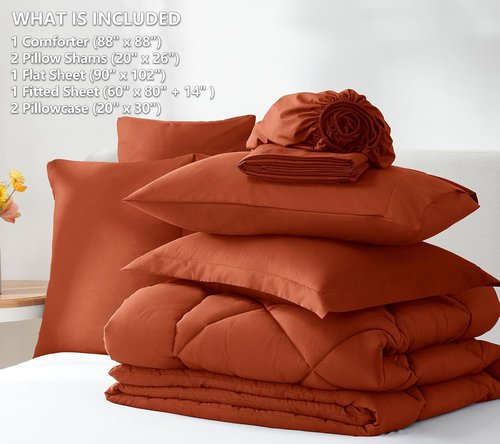 CozyLux Queen Comforter Set - Luxury Soft 7-Piece Bed in a Bag in Burnt Orange for All Seasons